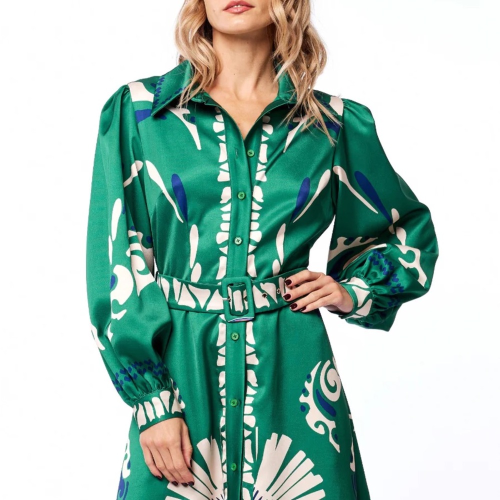 Ciebon Green Ruffled Long Sleeve Shirt Dress